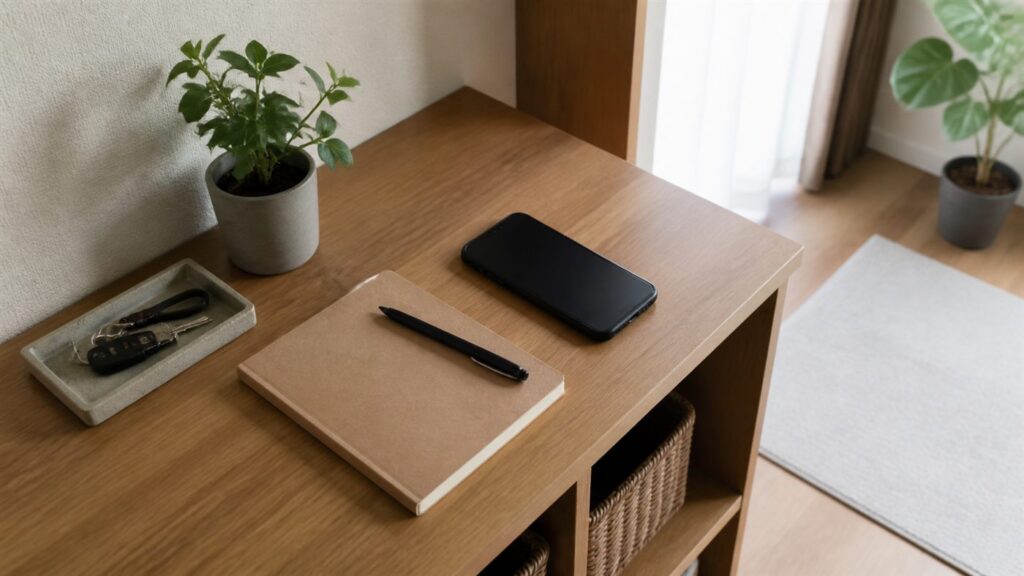 スマホを伏せた静かな机。疲れている時だけ欲しくなるものを買わないために、買う前の基準を整える。