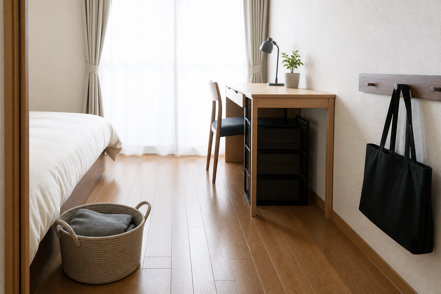 疲れて帰っても床に物を置かずにすむ小さな1Kの部屋