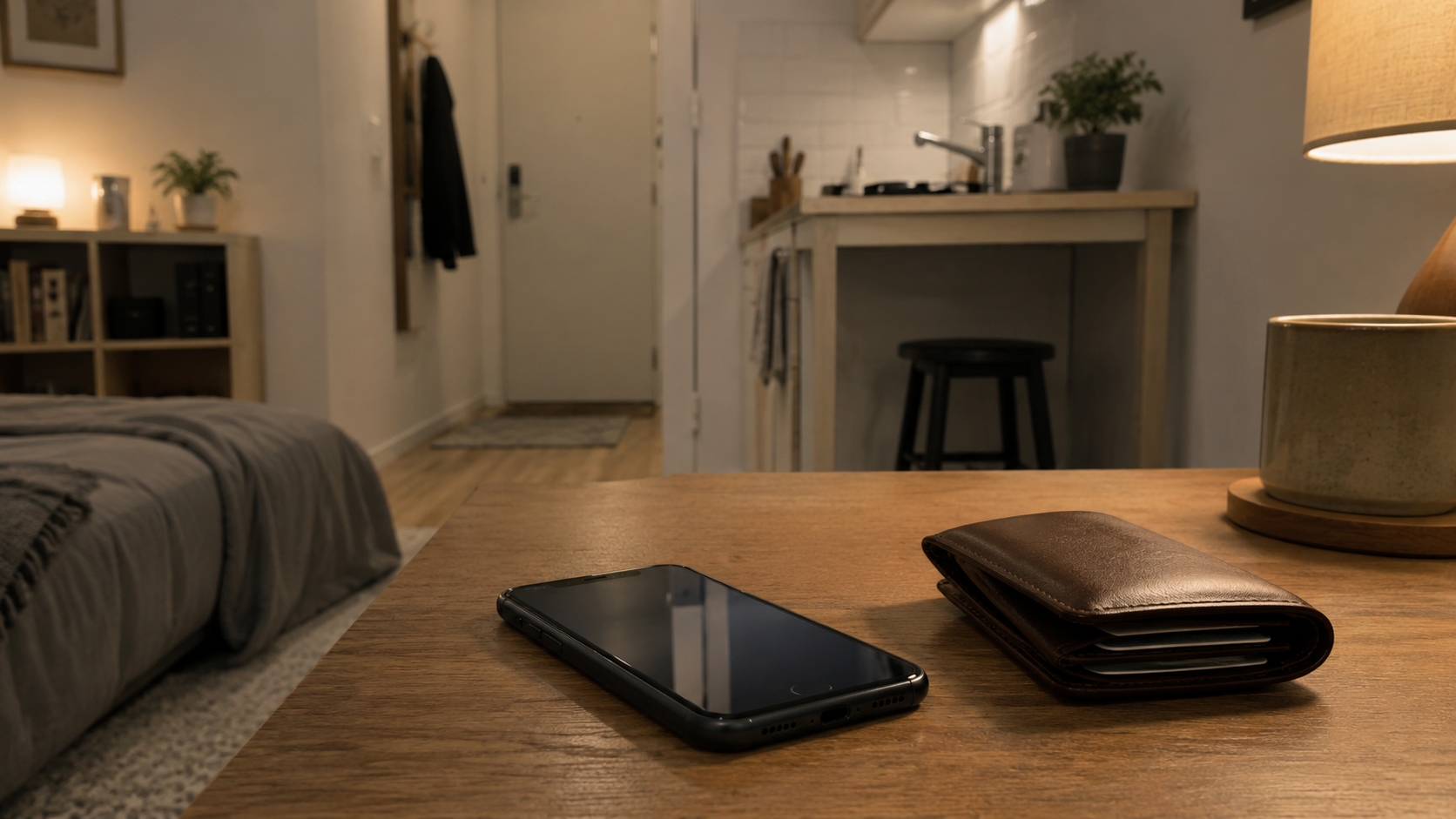 月末にテーブルへ置かれたスマホと財布の静かな様子