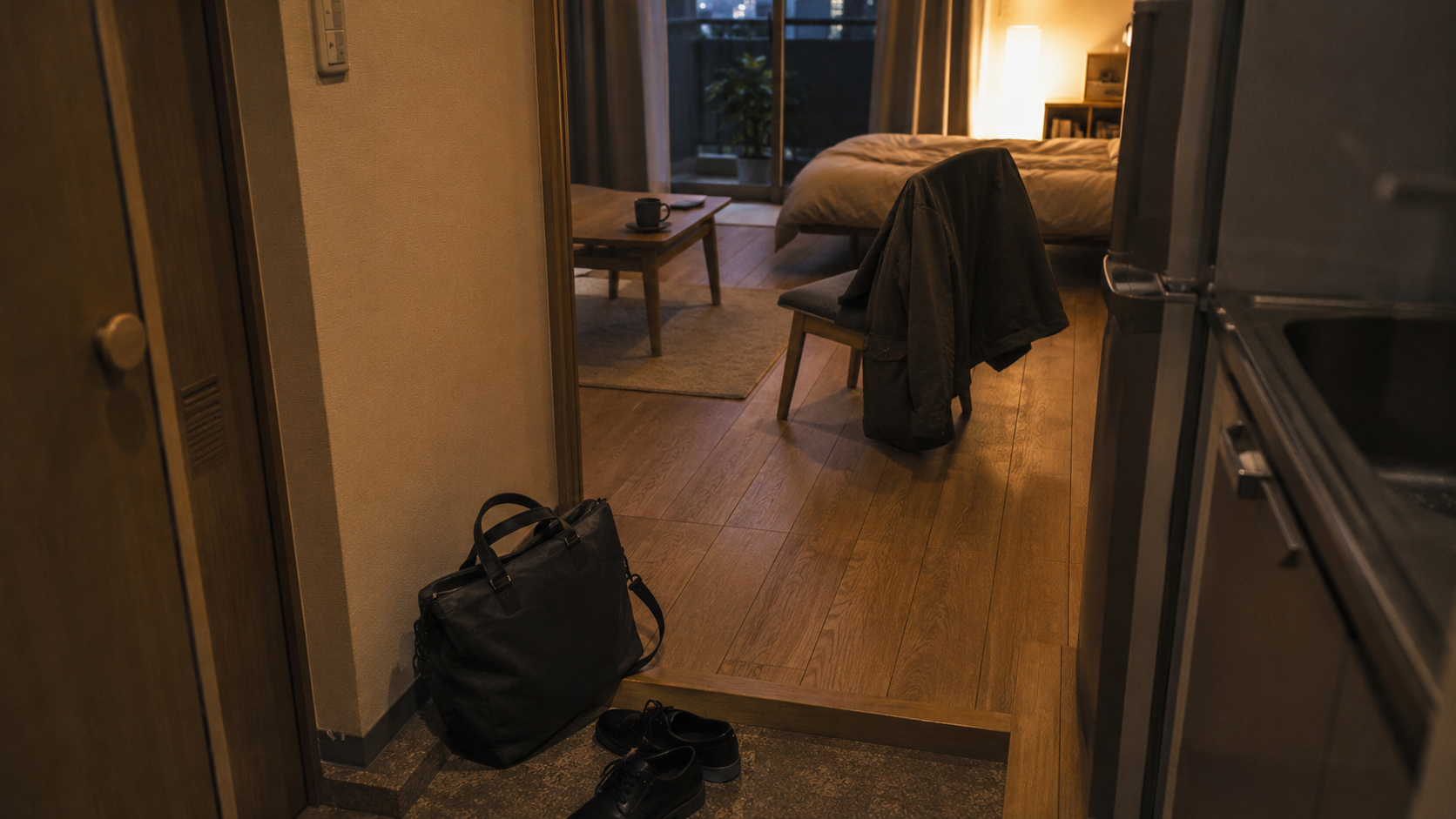 仕事から帰り、床にバッグを置いたままの静かな部屋