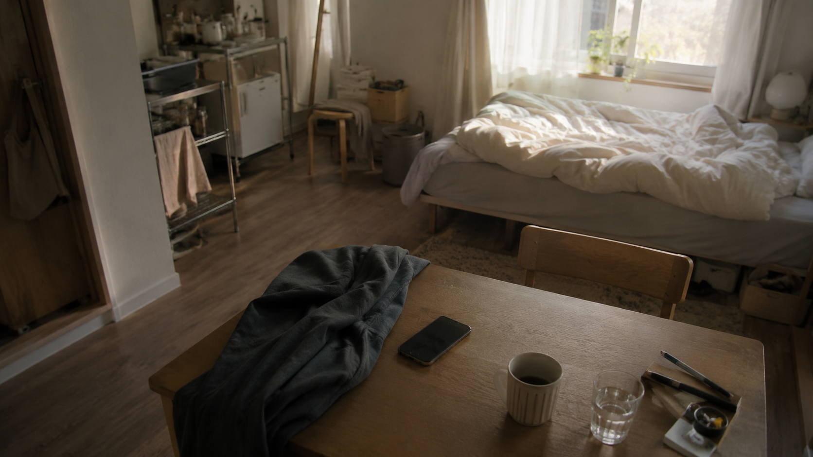 朝の光が差す部屋とテーブルのスマホ、何から始めるか決められない朝