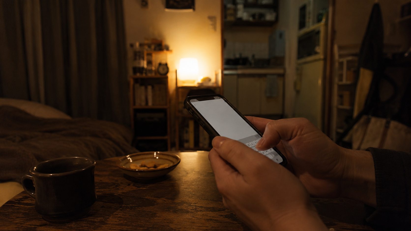 夜の部屋でスマホのメモに気持ちを書く手元
