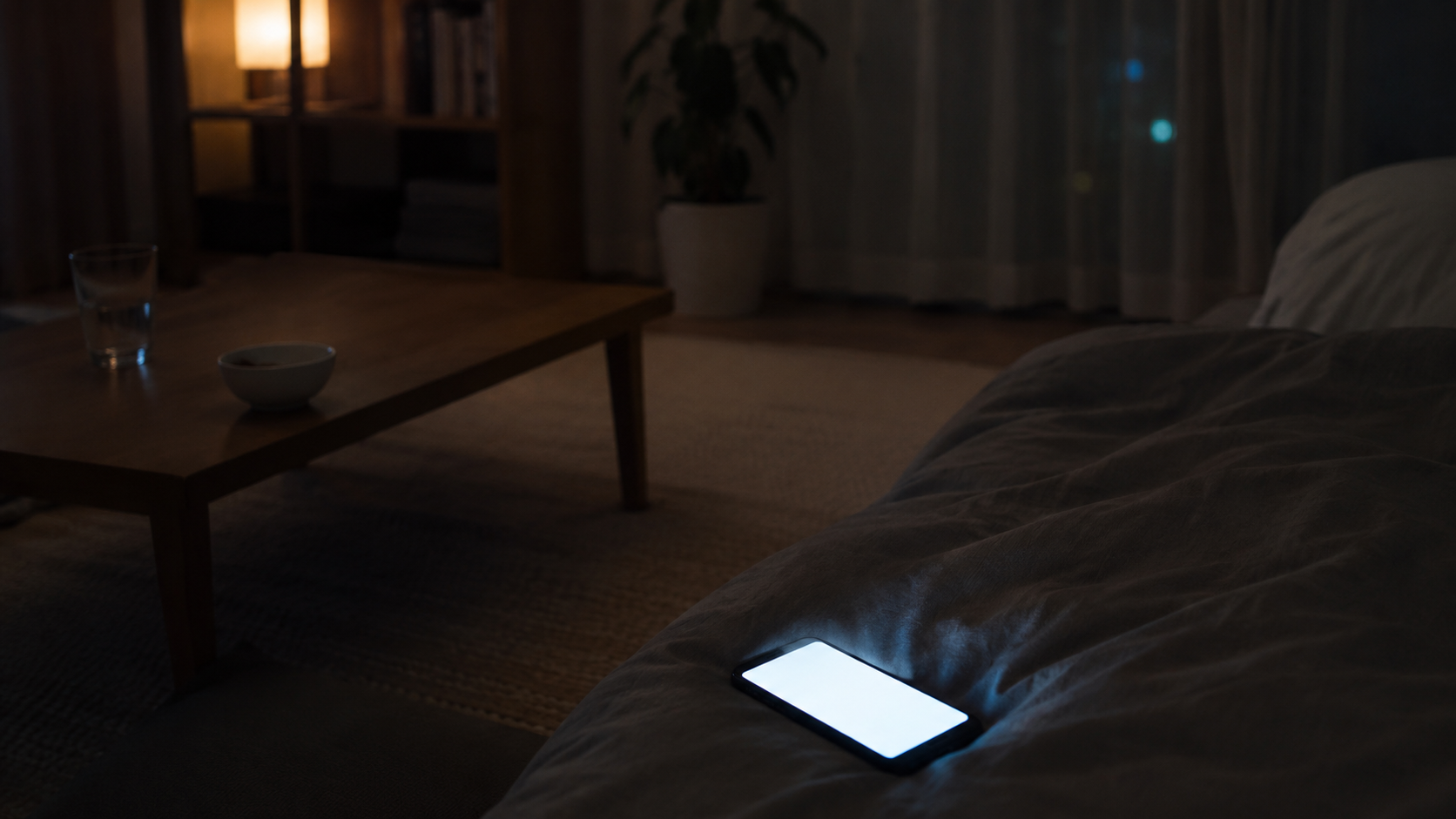 暗い部屋でスマホの画面だけが光っている夜の様子