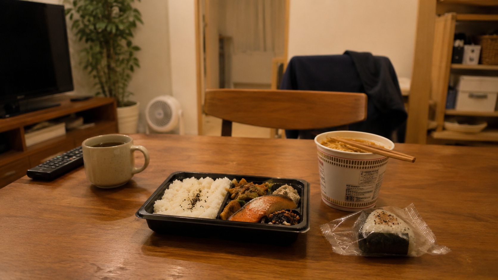 帰宅後のテーブルに並んだコンビニ弁当やおにぎりなどの簡単な食事
