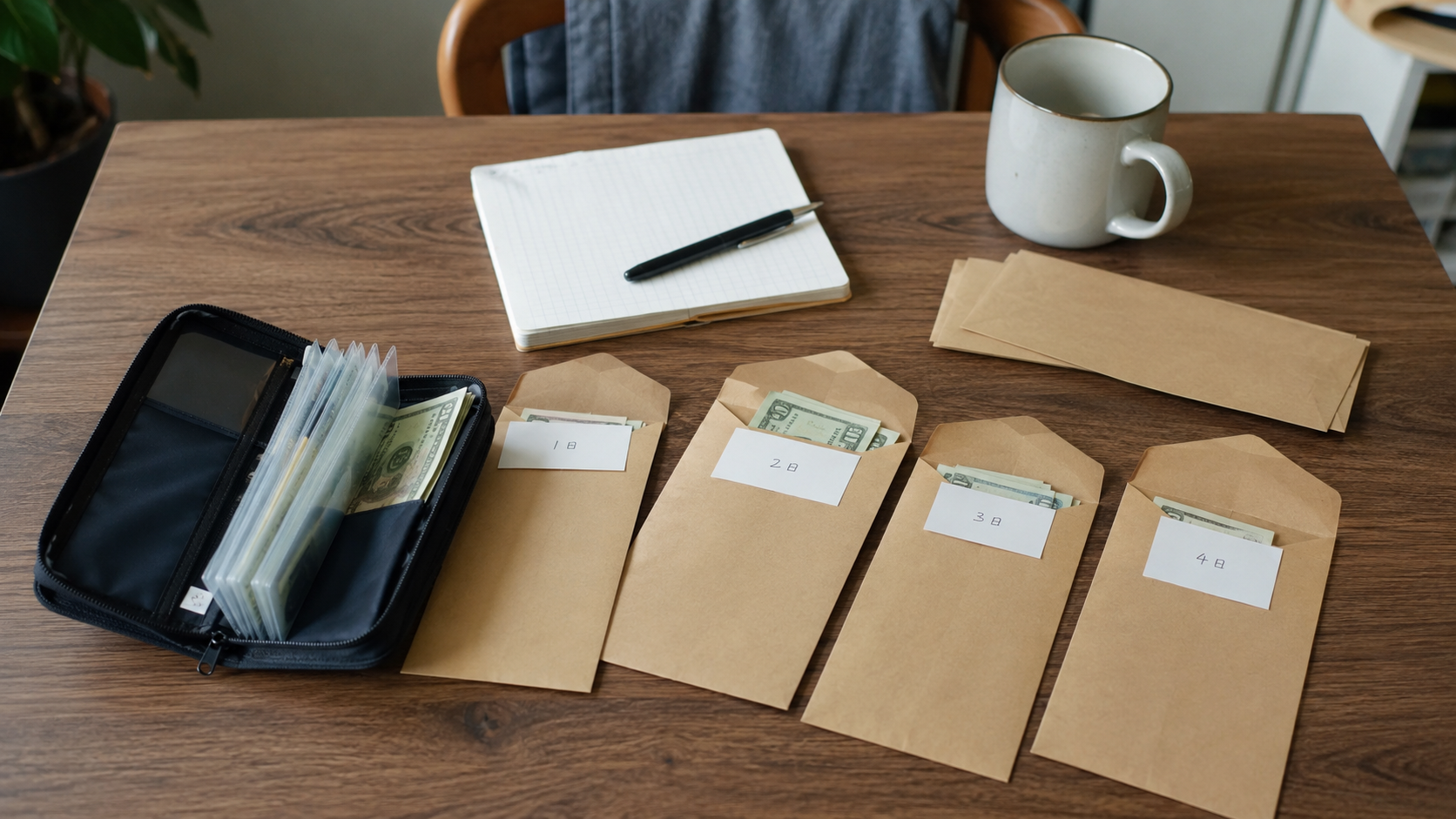 封筒や小分けケースで今月使えるお金を分けている様子