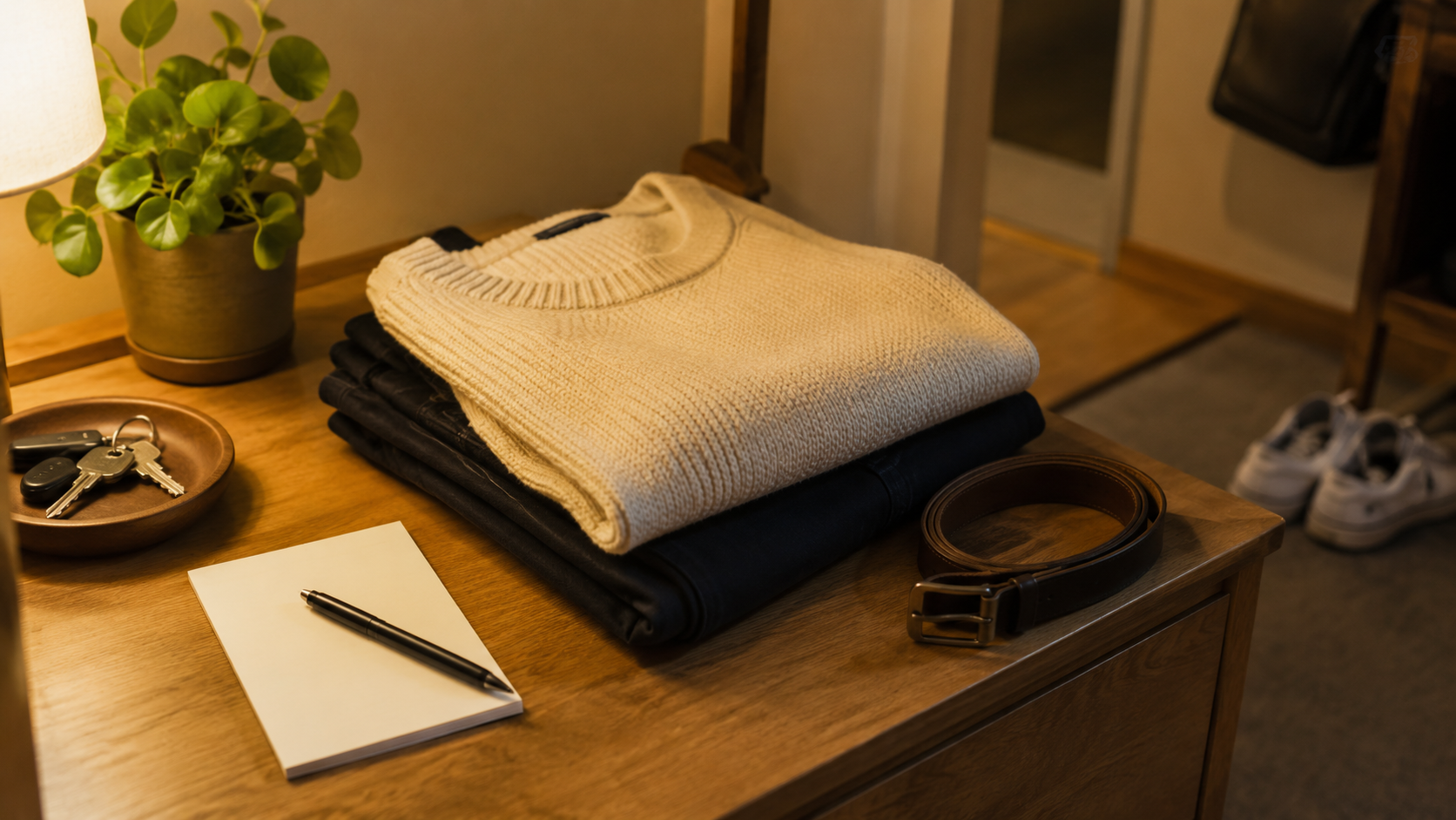 夜、翌日の服とノートを用意した家具の上、前の晩のひと手間