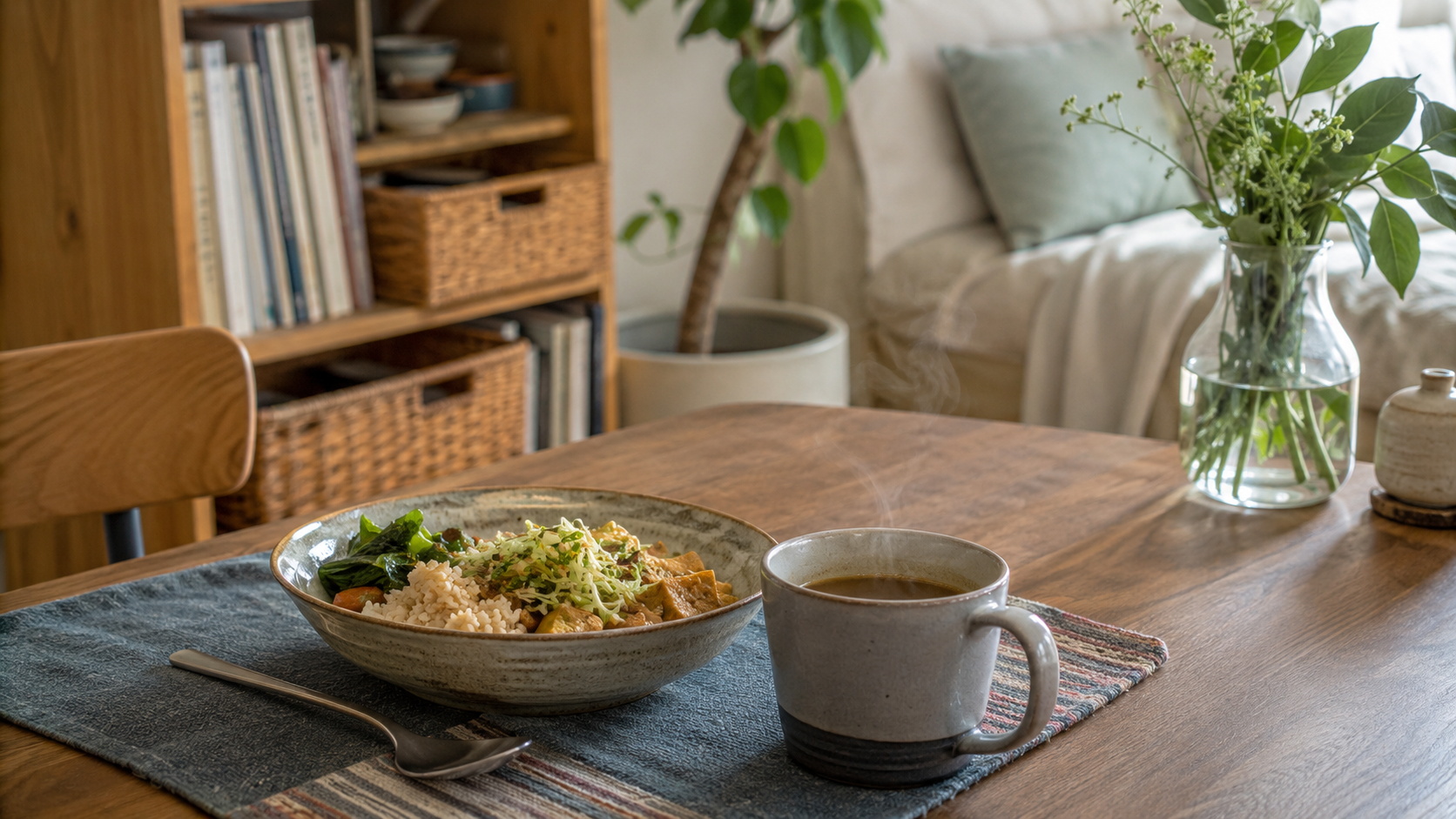 簡単な食事と温かい飲み物で一息つく食卓