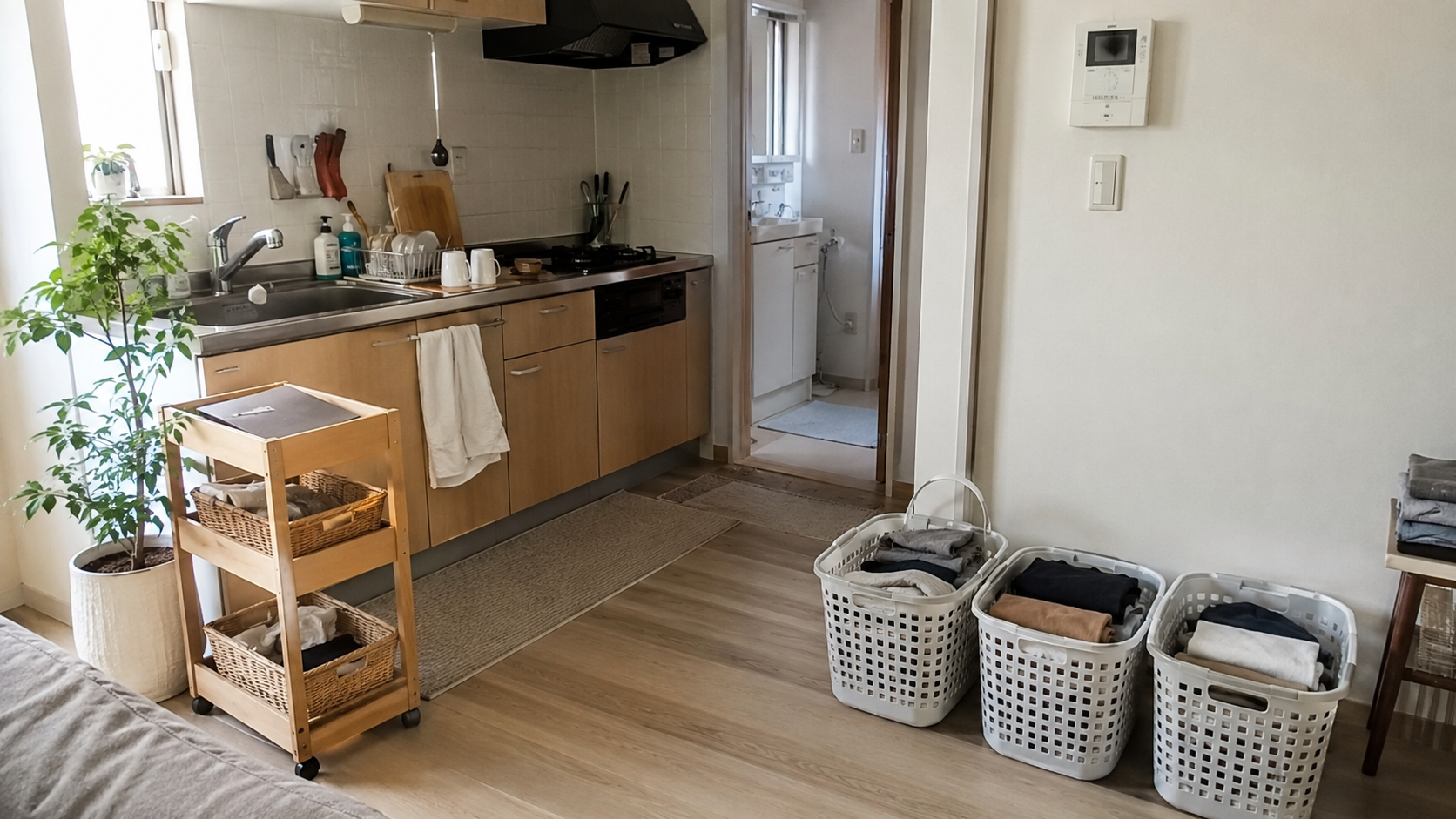 洗濯カゴや少し残った食器がある一人暮らしの部屋で、家事の途中でも暮らしが崩れすぎない様子。