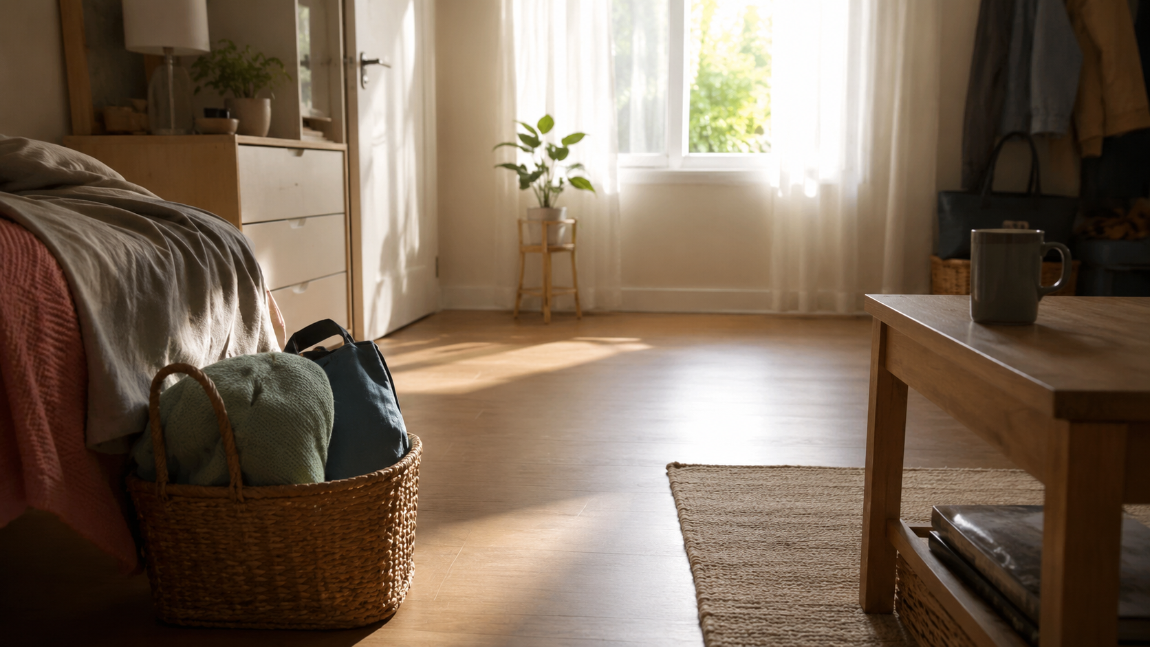 朝の光が入る部屋で、床の通り道とカゴを整え、疲れた日でも暮らしが回る状態。