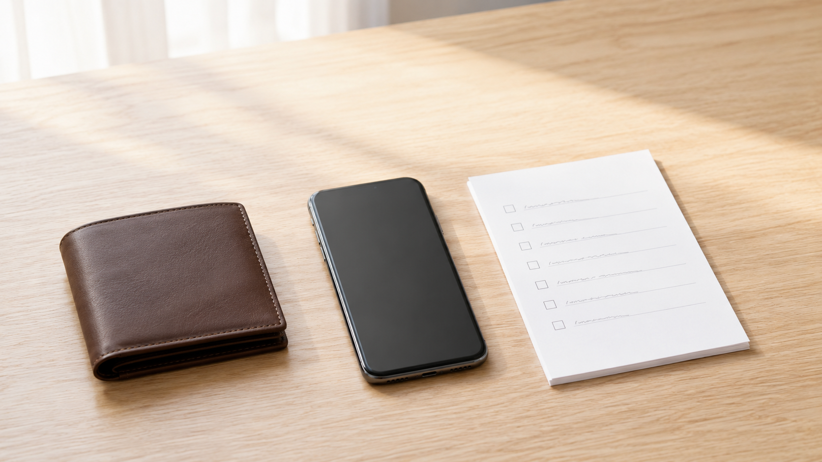 財布とスマホとメモ帳だけを机に置き、今週見る場所を一つに絞った家計管理