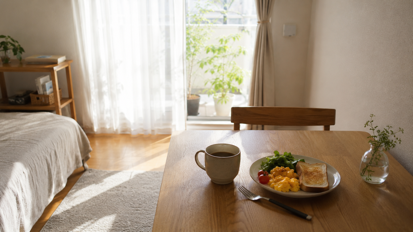 疲れた夜に簡単な夕食が整った一人暮らしの食卓
