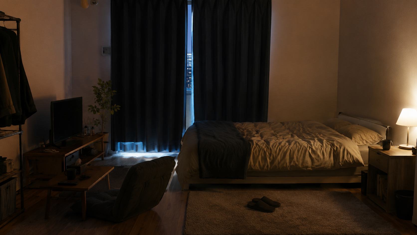 疲れているのに眠れない夜の一人暮らしの寝室