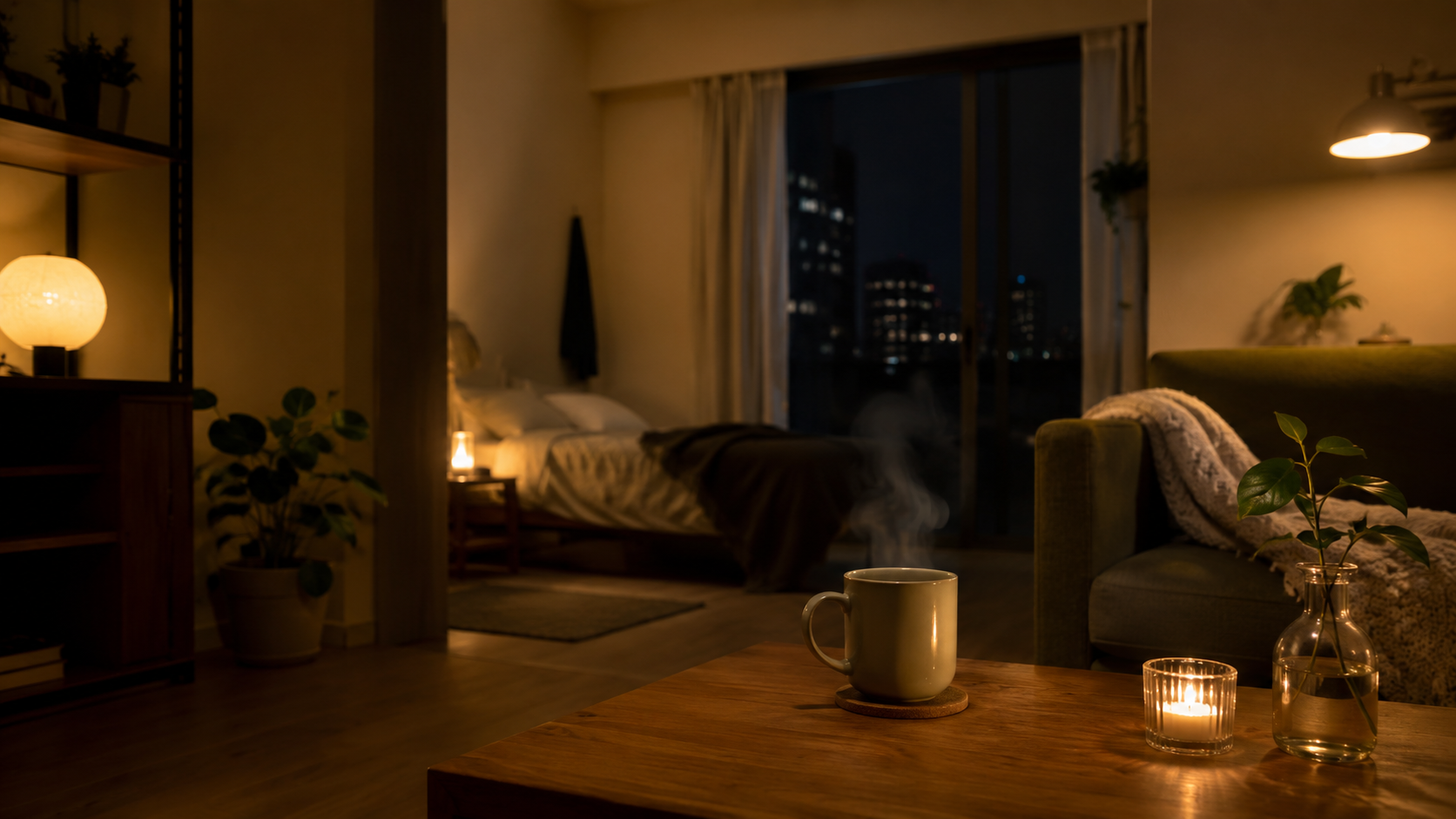 疲れた夜に温かい飲み物で少し落ち着く一人暮らしの夜