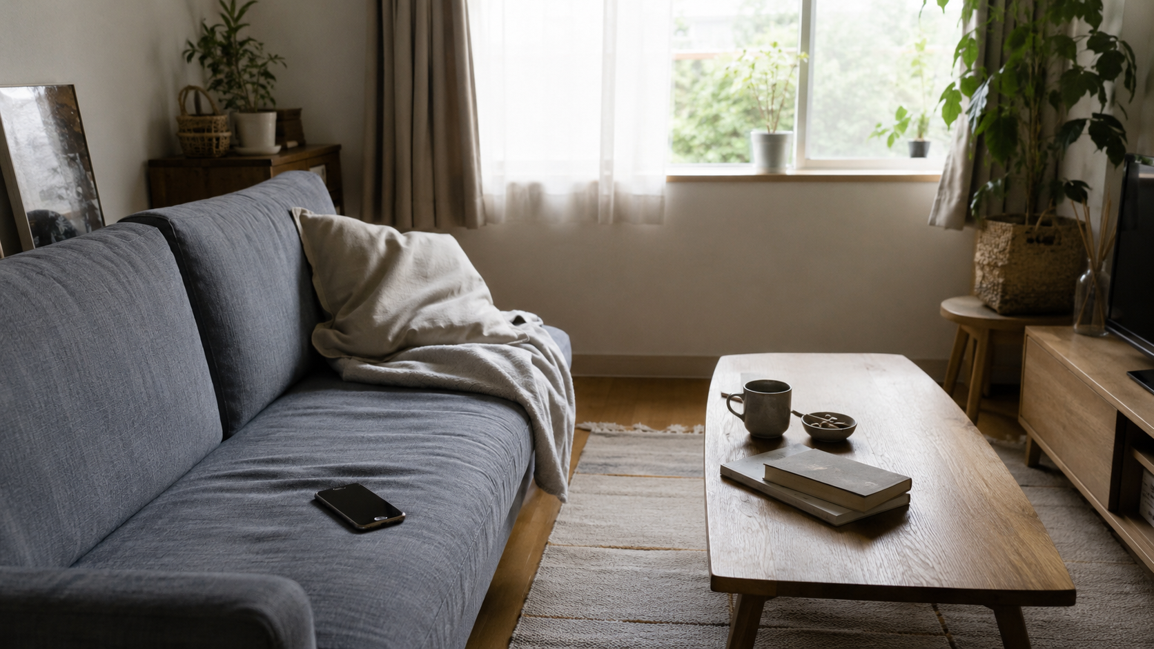 休日の静かな部屋に置かれたスマホ、一人の時間についつい手が伸びる瞬間