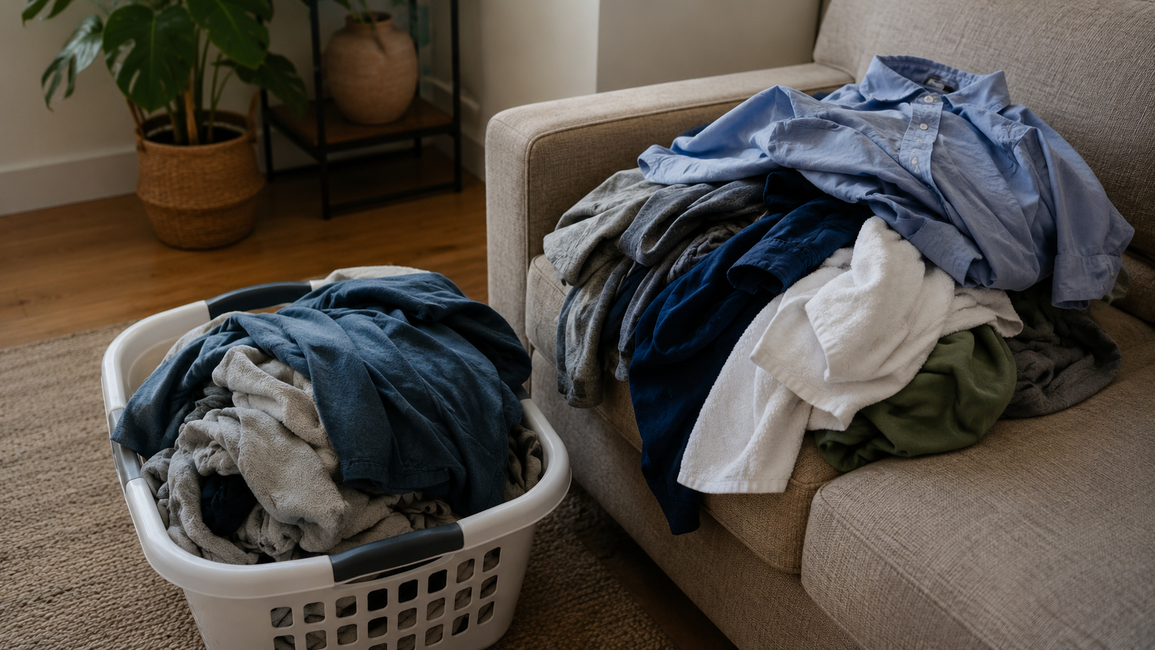 取り込んだまま山になった洗濯物、たたむのが後回しになった部屋の隅