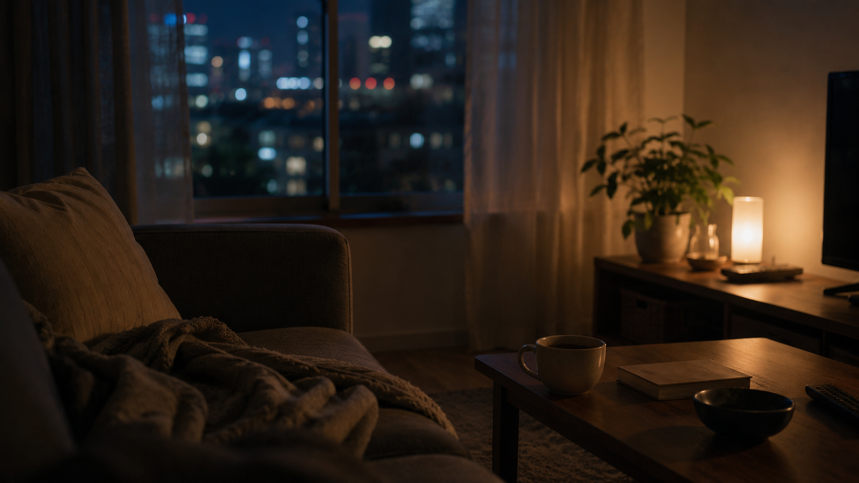 帰宅後のリビング。体は休んでいるのに気が張ったまま落ち着かない夜の様子