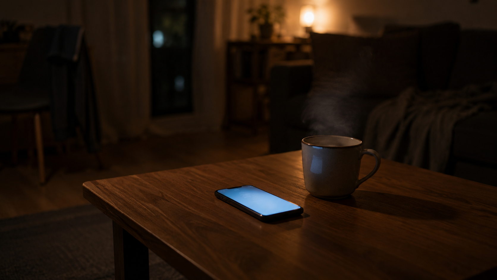 夜のテーブルに置かれたスマートフォンと温かい飲み物。通販で買い物をする一人の時間を思わせる様子