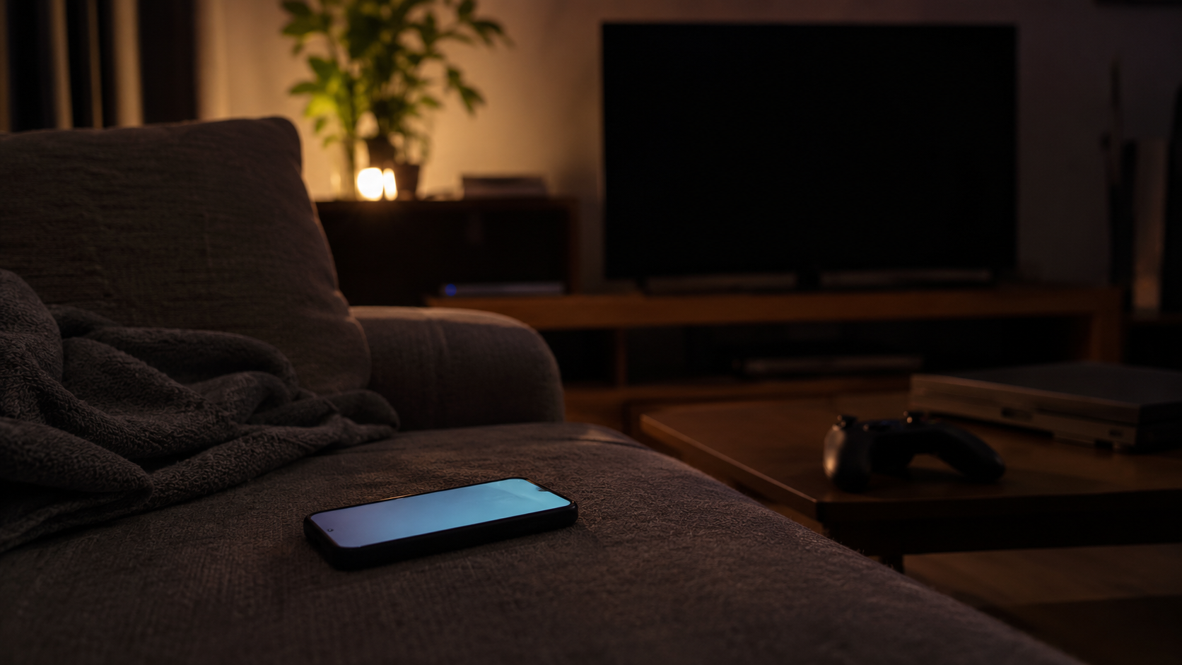 夜のソファに置かれたスマートフォンと、奥で電源の入っていないゲーム機。休みの日の静かな様子