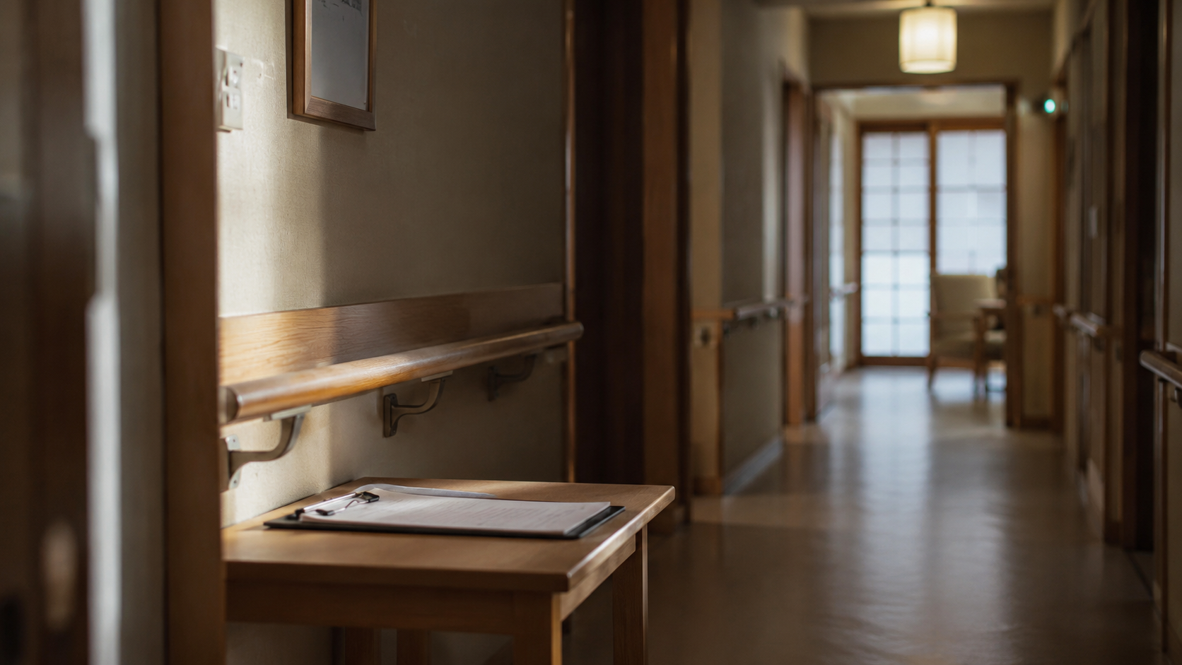 介護施設の静かな廊下に置かれたクリップボード。午後の柔らかい光