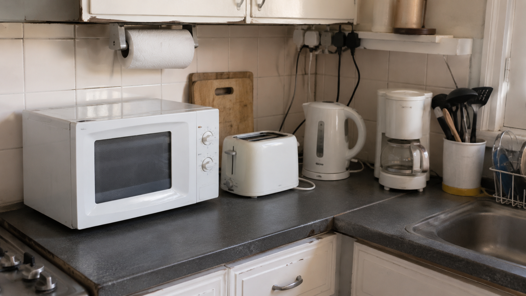 家電やコードで作業スペースが狭くなったキッチン、料理前から少し疲れる眺め