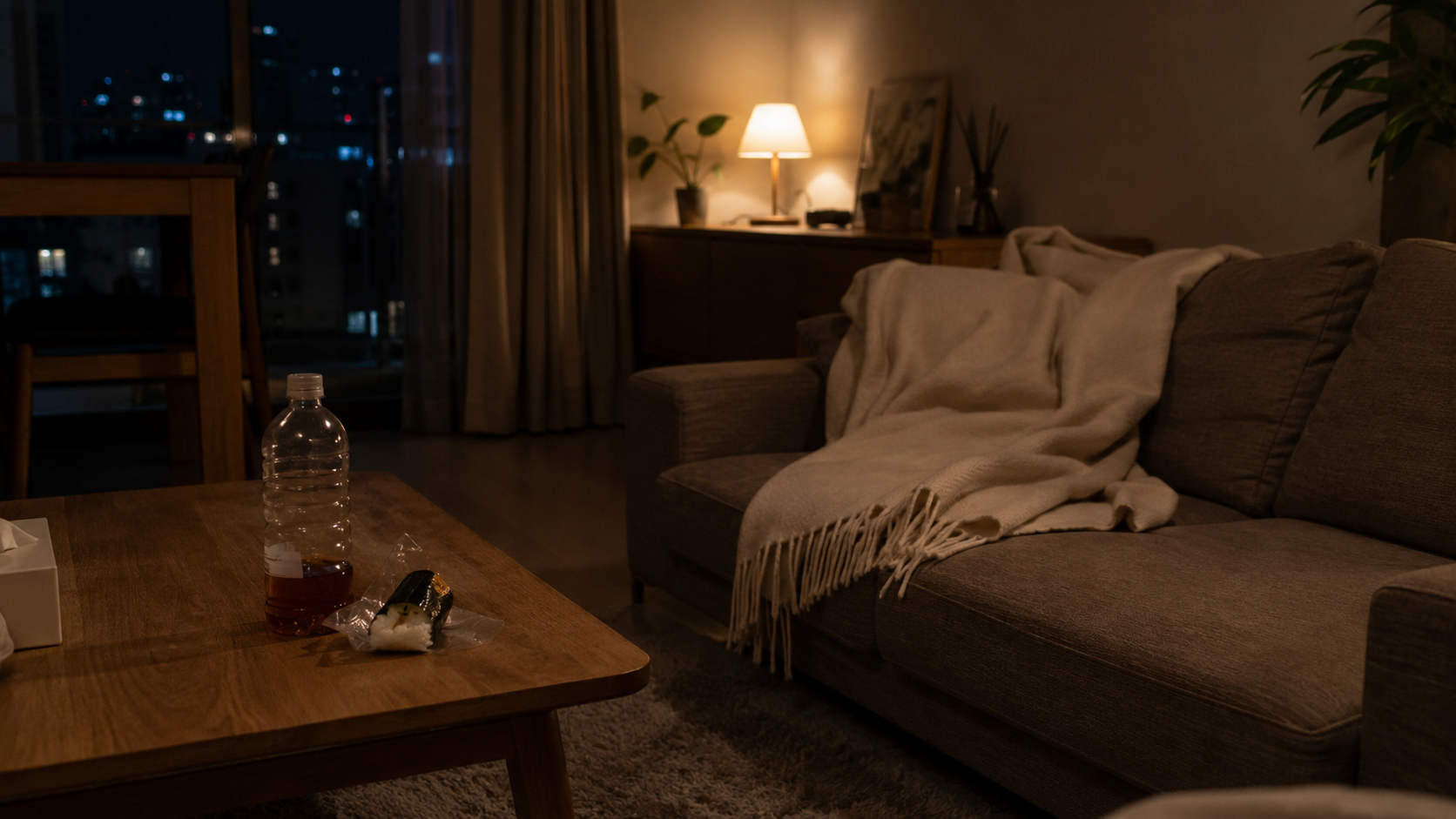 コンビニの包みが残る夜の部屋、力尽きて何もできなかった日の眺め
