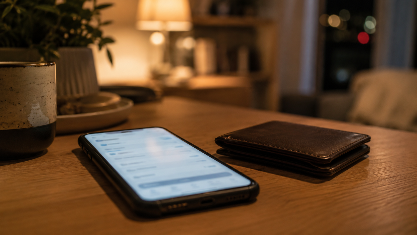 テーブルのスマホと財布、使っていないサブスクの引き落としに気づく夜