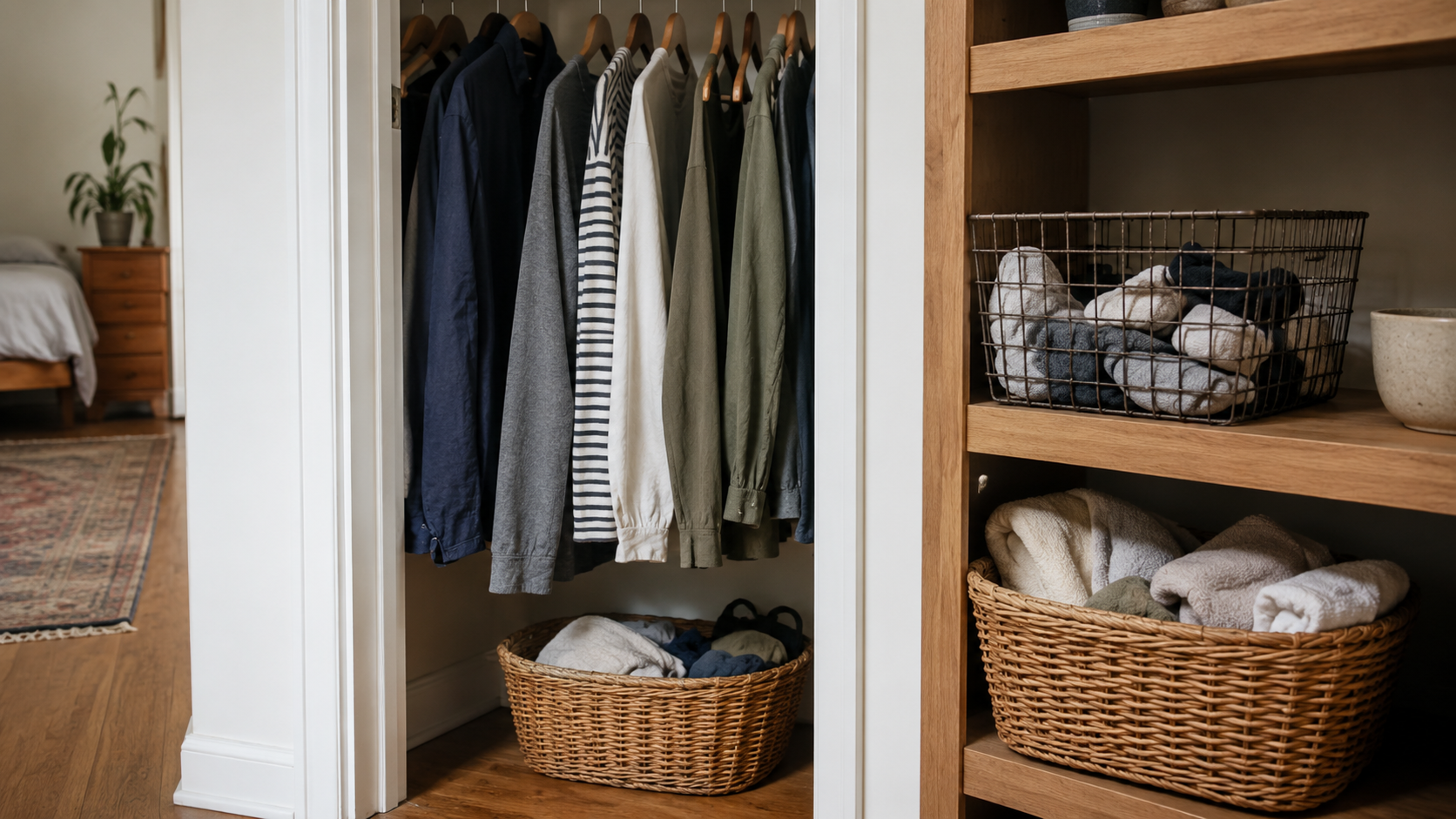 ハンガーのまま掛けた服と、カゴに放り込んだタオルや靴下