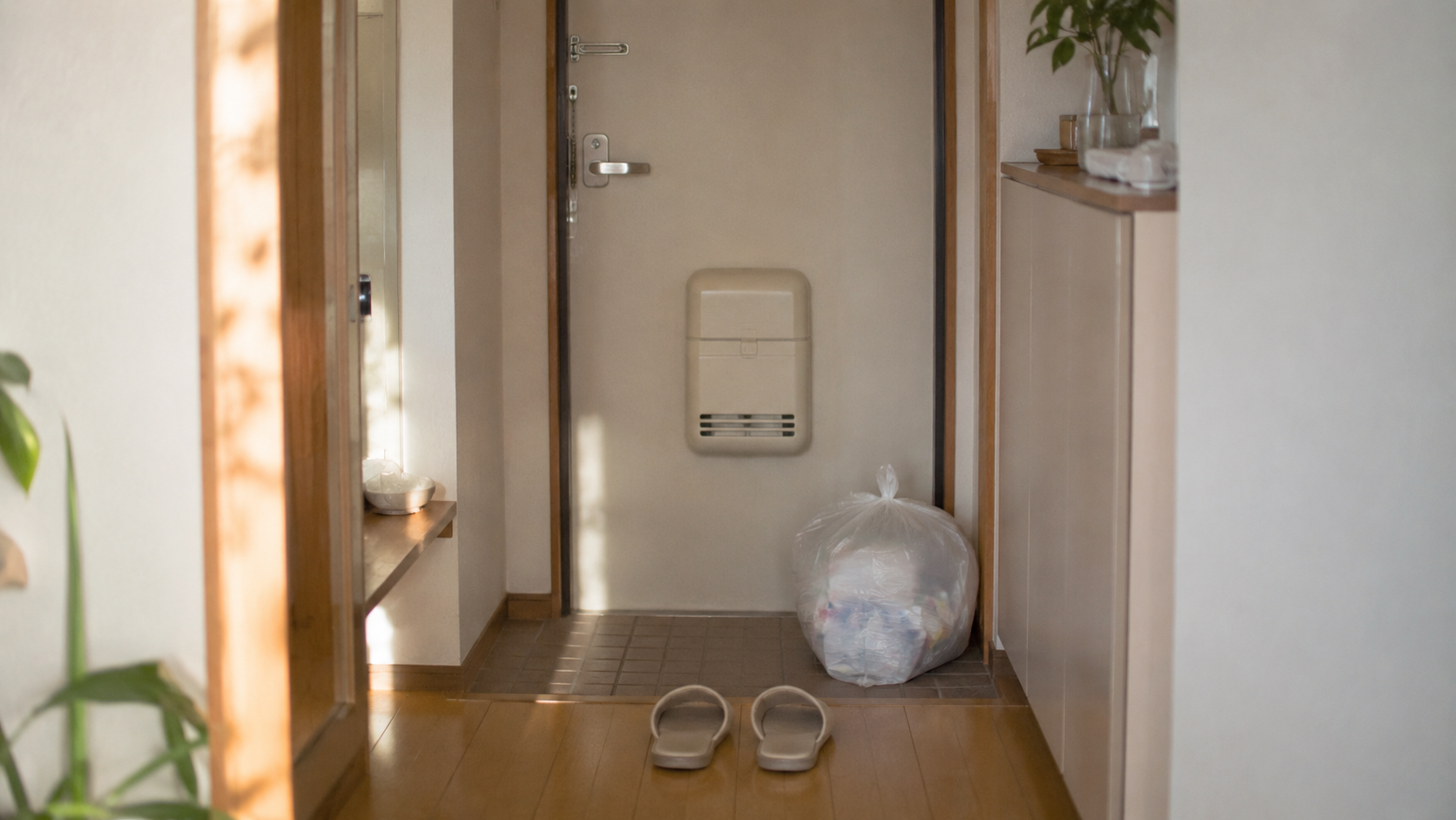 一人暮らしの玄関に置かれた、結んだゴミ袋とスリッパ。朝の穏やかな光