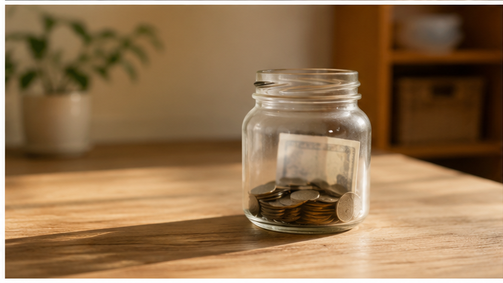 木のテーブルに置かれた、硬貨と紙幣が少し入ったガラス瓶。柔らかい自然光