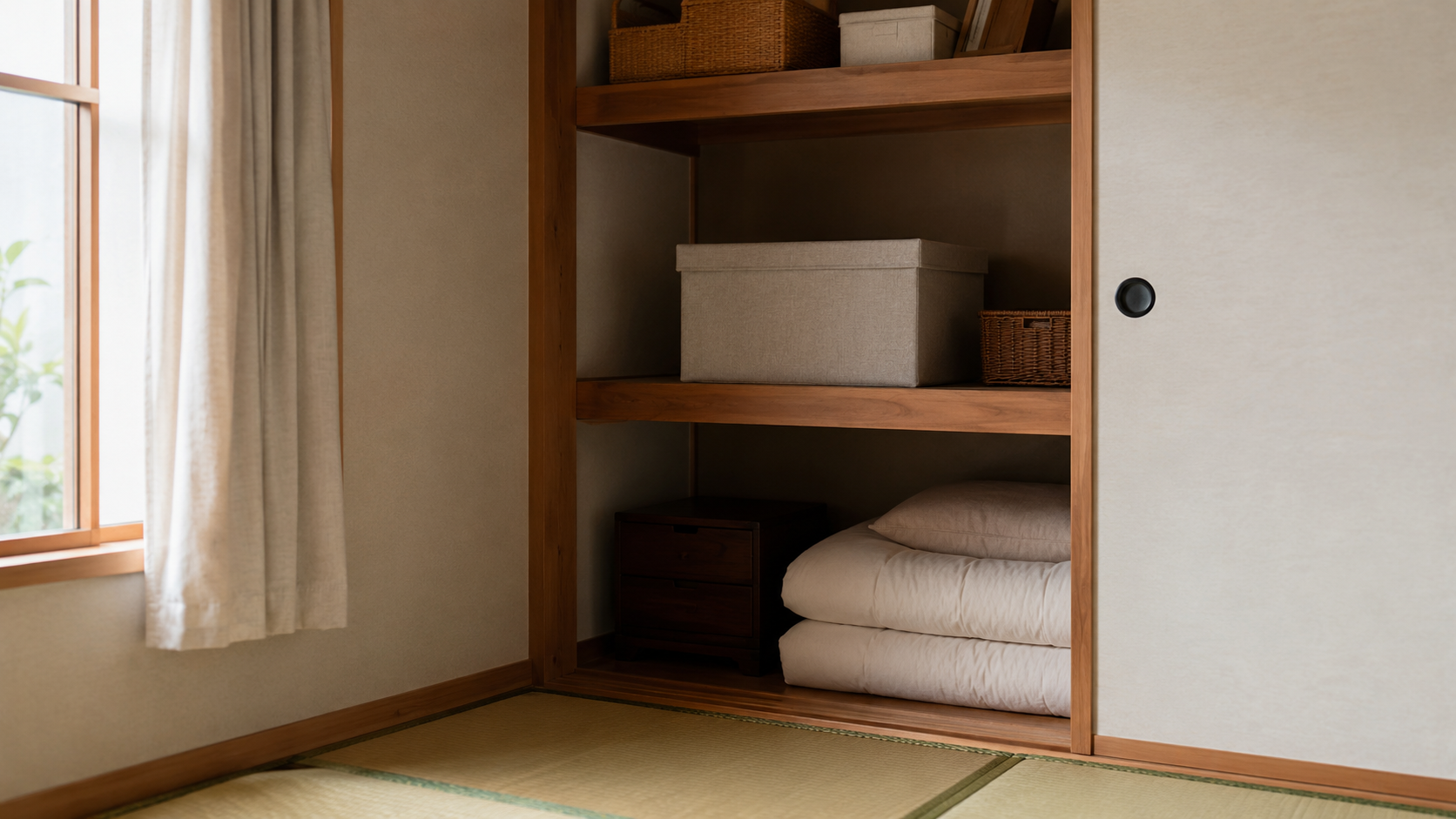 定位置に置かれた思い出の箱、居場所が決まって落ち着いた棚