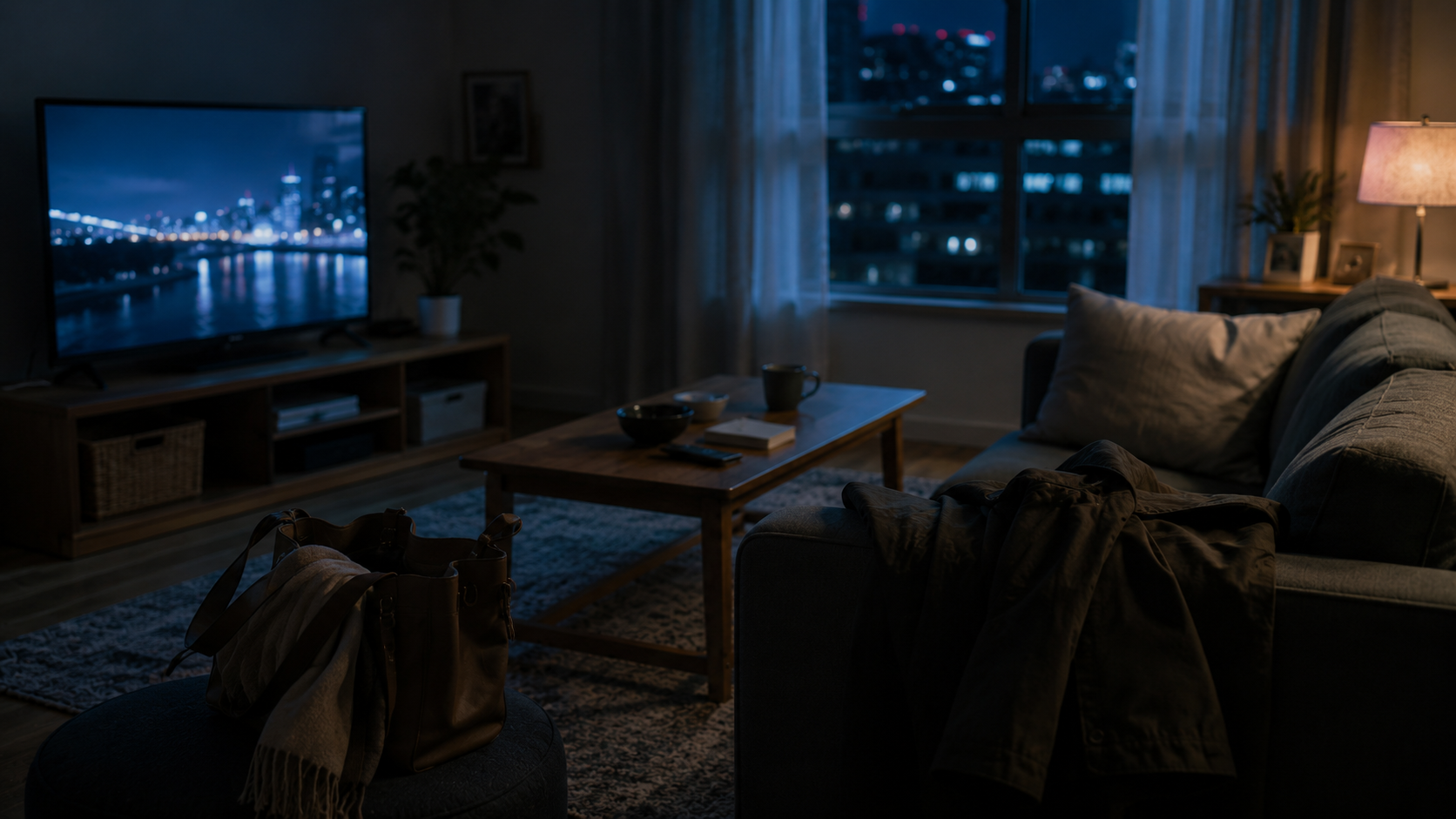 照明を落とした夜の部屋。仕事と家の区切りがついて気がゆるんだ、くつろぎの時間