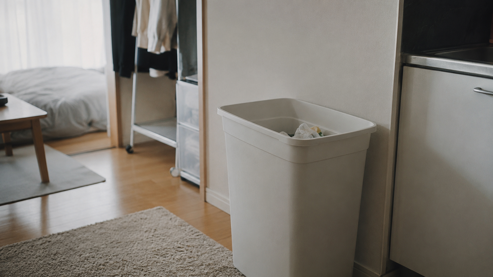 一人暮らしの部屋にある大きな45リットルのゴミ箱。中身の少なさと箱の大きさの差が分かる様子