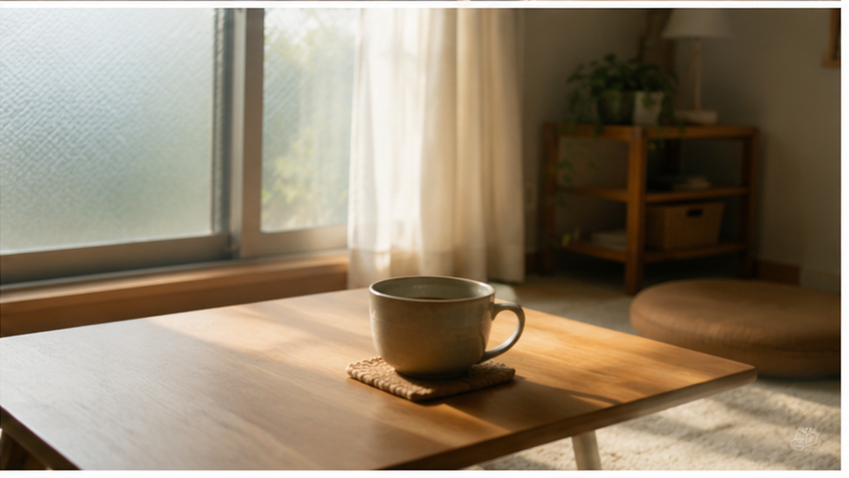窓辺の小さなテーブルに置かれた湯気の立つお茶。静かな部屋の柔らかい昼の光
