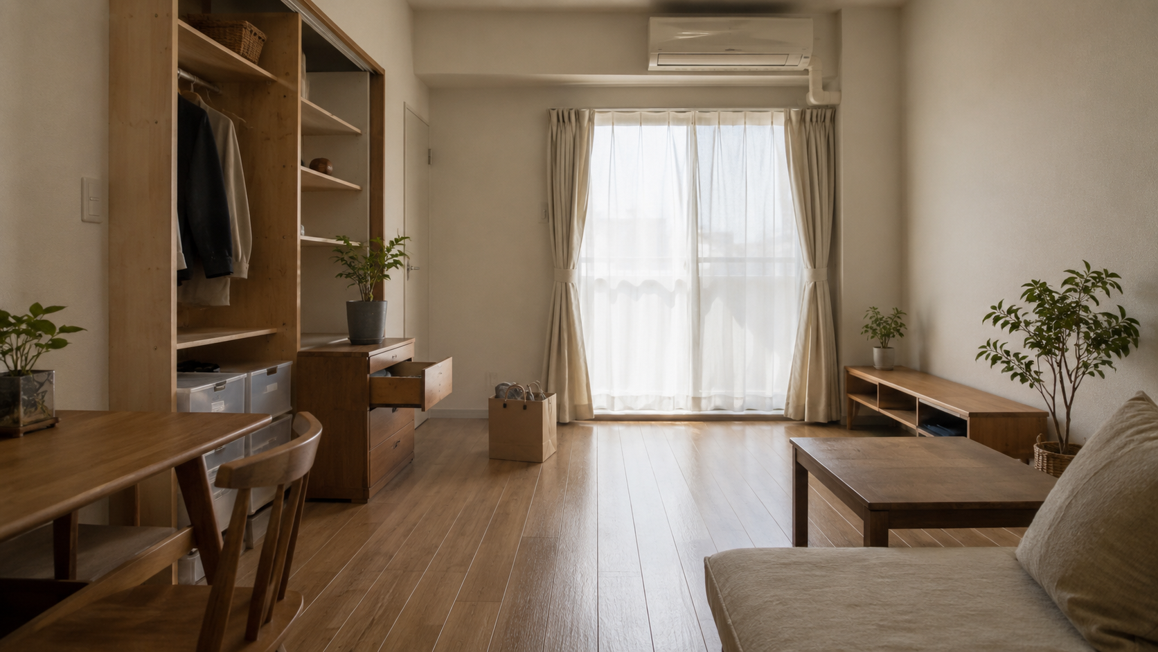 物を減らしたあとの、余白のある一人暮らしの部屋。引き出しや棚に空きがあり、手放す物を入れた紙袋が置かれている様子