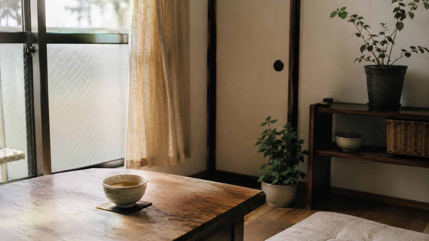 窓辺の小さなテーブルに置かれた湯気の立つお茶。静かな部屋の柔らかい昼の光