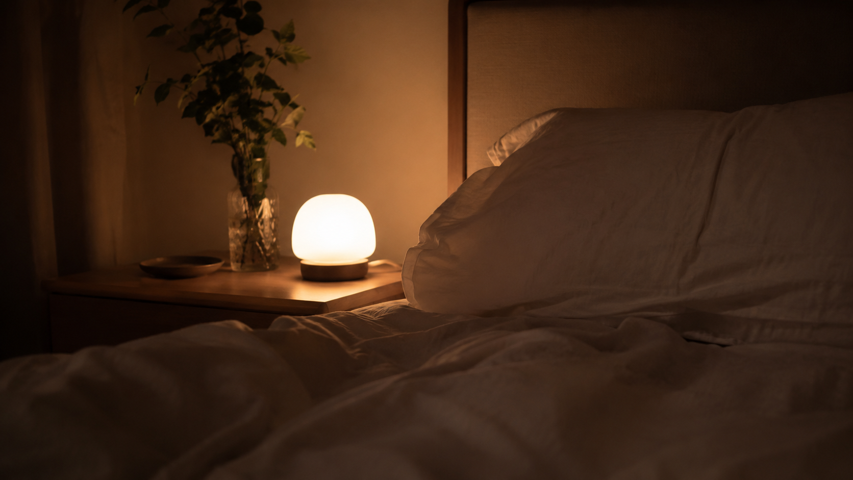 眠る前の寝室。ベッドサイドの小さな明かりと、整えられた枕元