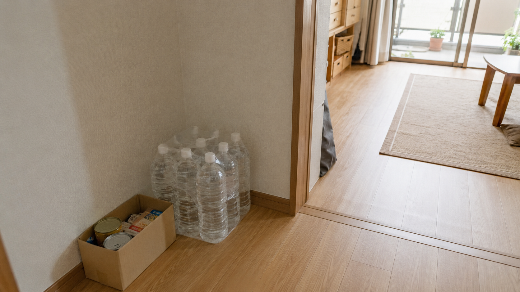 明るい部屋の壁ぎわに置かれた、2リットルのペットボトルが入ったケース1つと、缶詰やレトルト食品が少し入った小さな段ボール箱。ほかに防災用品らしい物はない