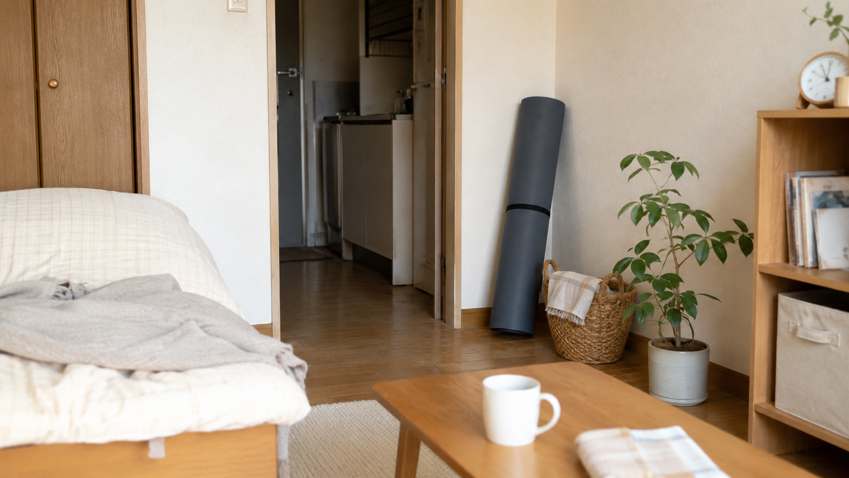 一人暮らしの部屋の隅に、丸めたヨガマットが壁に立てかけて置かれている。隣にかごと観葉植物、手前にベッドと低いテーブル。奥に狭いキッチンが見える