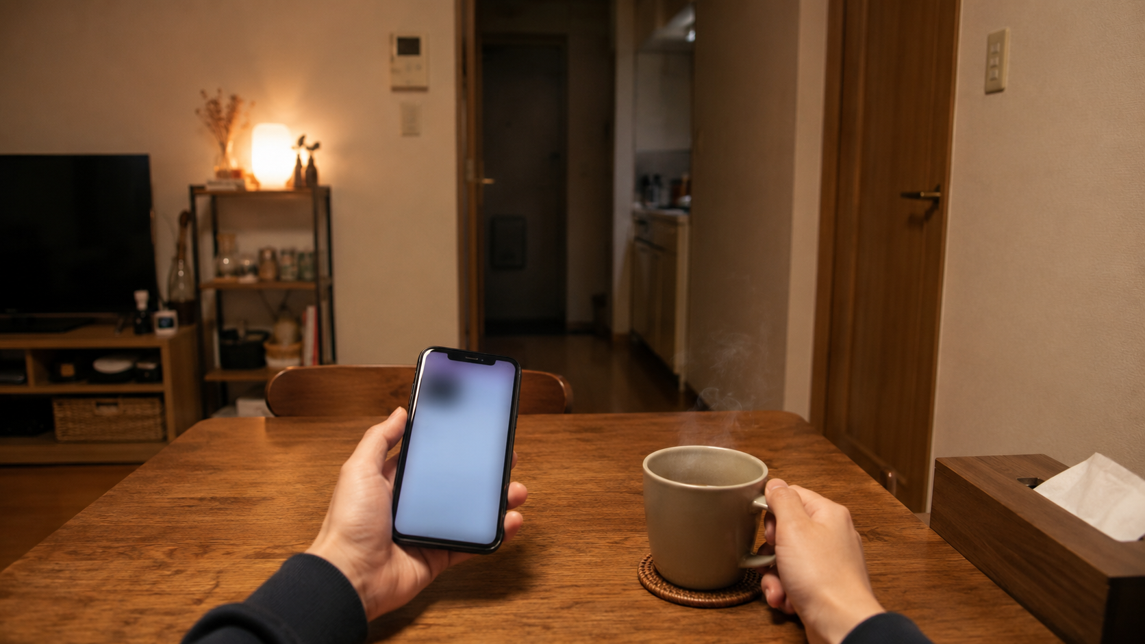 夜の部屋。木のテーブルでスマートフォンを持つ手元と、湯気の立つマグカップに添えた手。画面の中身は読み取れない