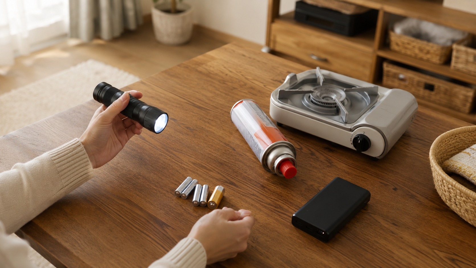 木のテーブルの上に、懐中電灯、乾電池、カセットコンロとガスボンベ、モバイルバッテリーを出して並べたところ。手が懐中電灯を持ち、明かりがつくかを確かめている