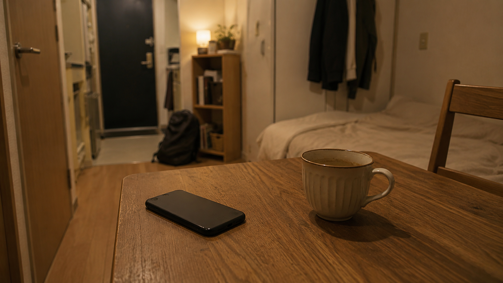 一人暮らしの部屋。木のテーブルにスマートフォンが伏せて置かれ、その横に飲みかけのマグカップがある
