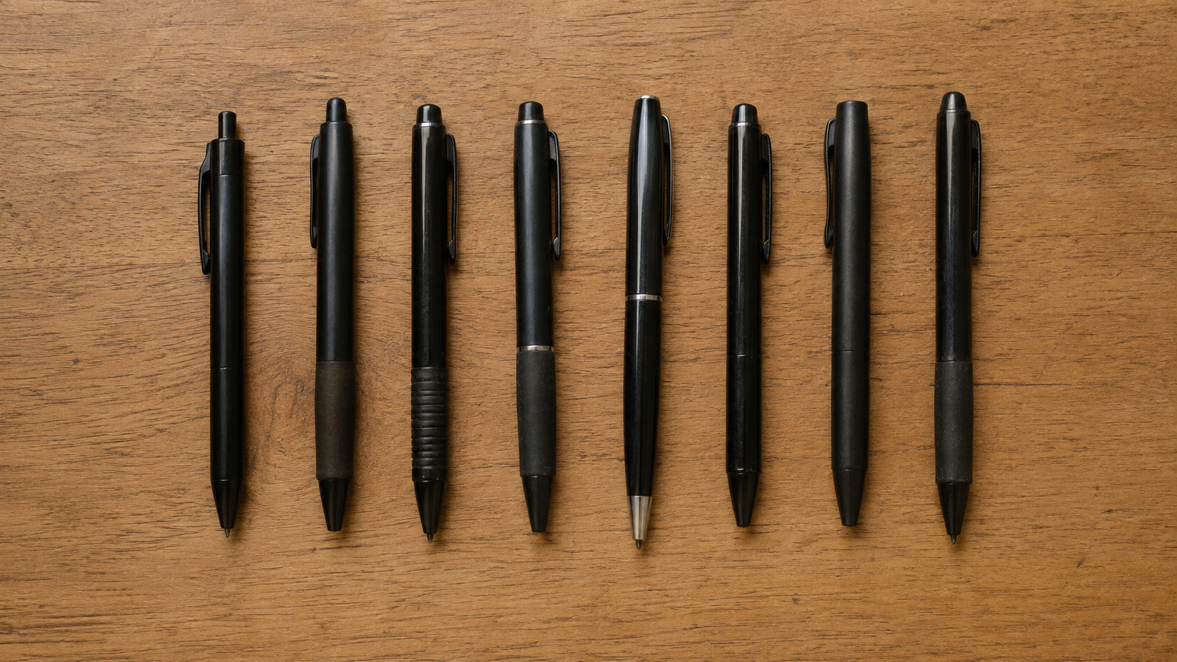 木のテーブルの上に、黒いボールペンが8本、一列に並べて置かれている。長さや太さが少しずつ違う