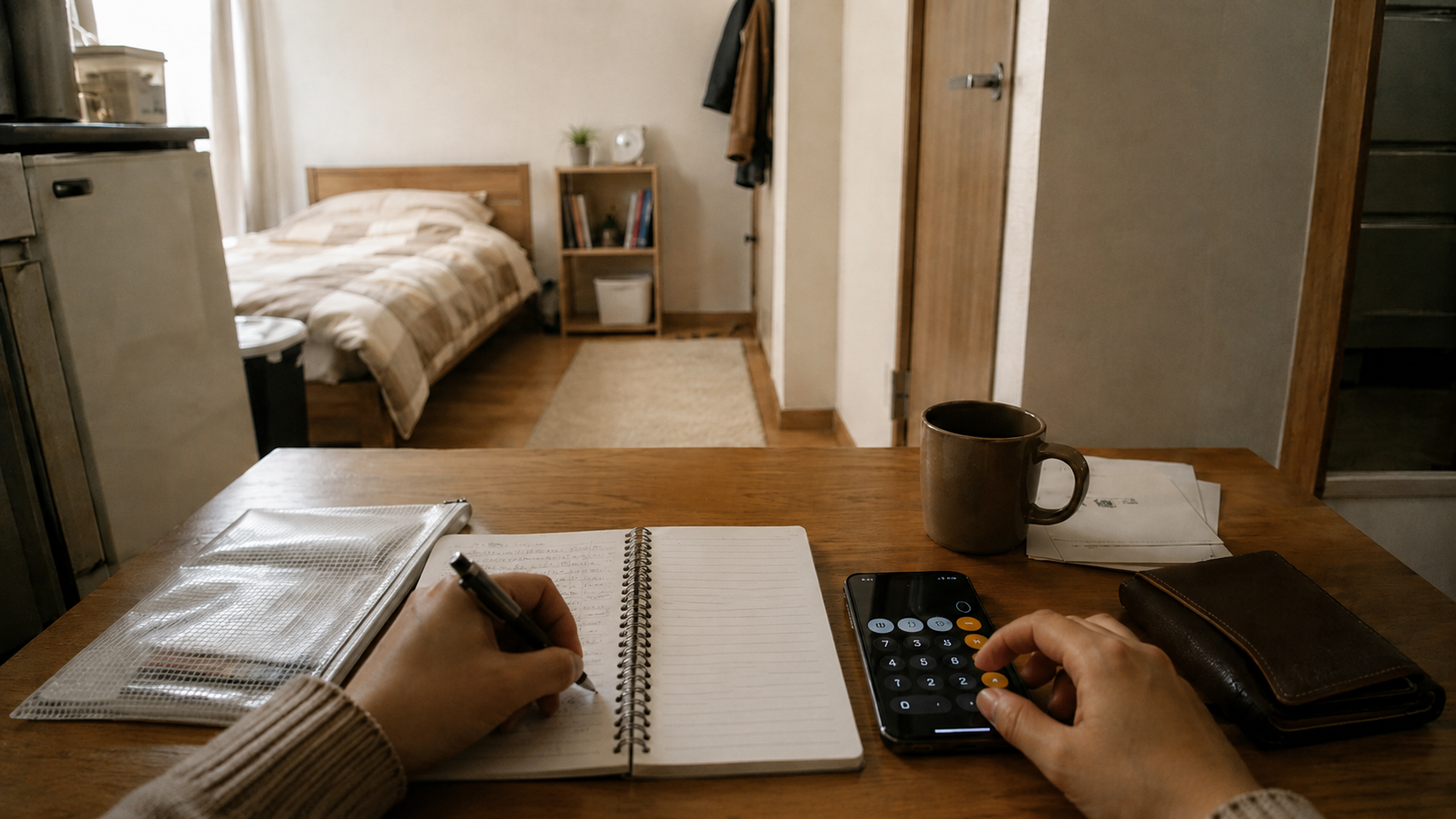 一人暮らしの部屋のテーブルで、ノートに書き込みながらスマホの電卓を使っている手元。横にマグカップと財布が置かれ、奥にベッドと本棚が見える