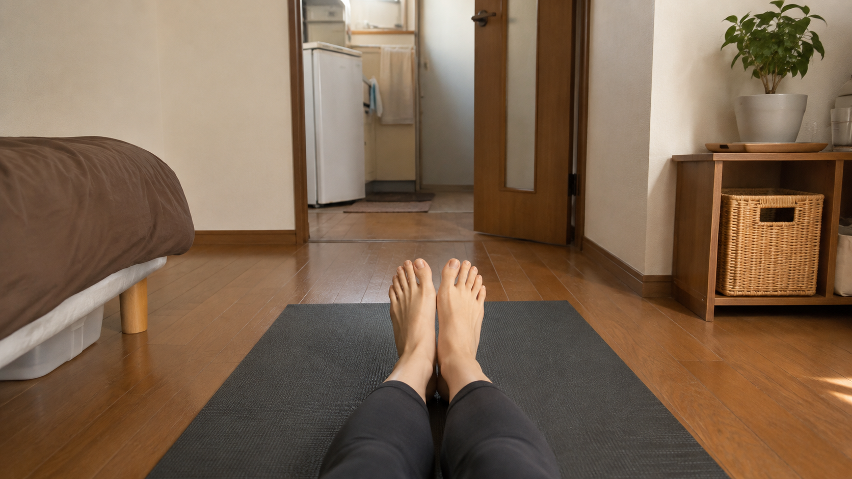 部屋の床のヨガマットの上で、腰を下ろして足を伸ばしている素足の足元。奥に1Kの部屋とベッド、狭いキッチンが見える