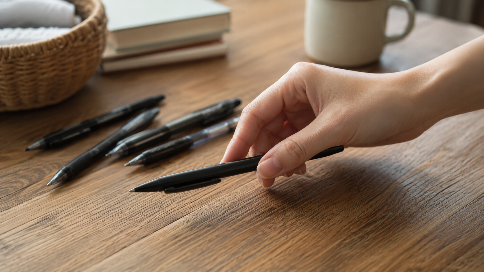 テーブルに並んだ黒いボールペンの中から、一本だけを手に取っている手元。奥にかごと本とマグカップが置かれている