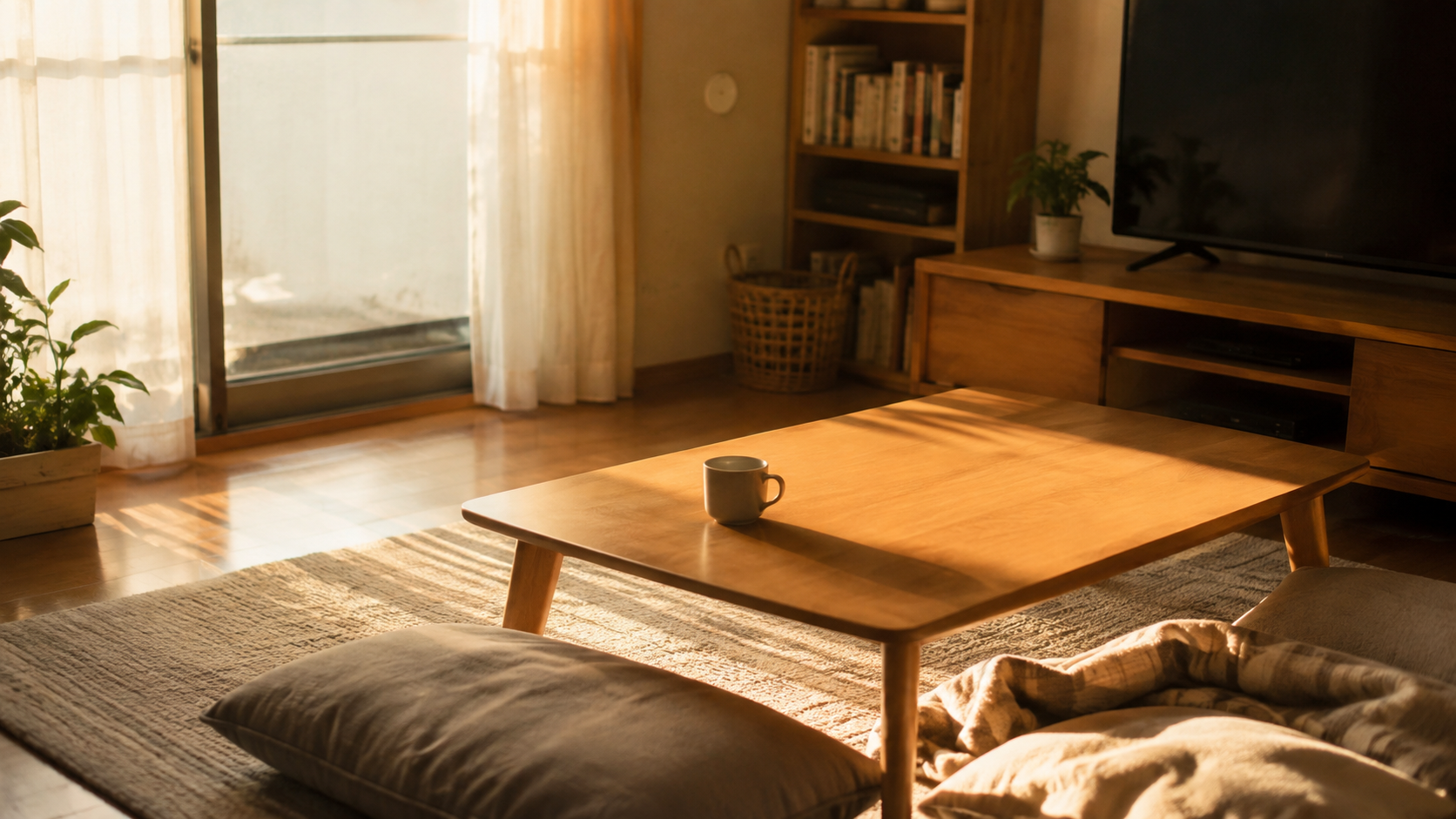 夕方のリビング。日が傾いてオレンジがかった光が入る、静かな部屋