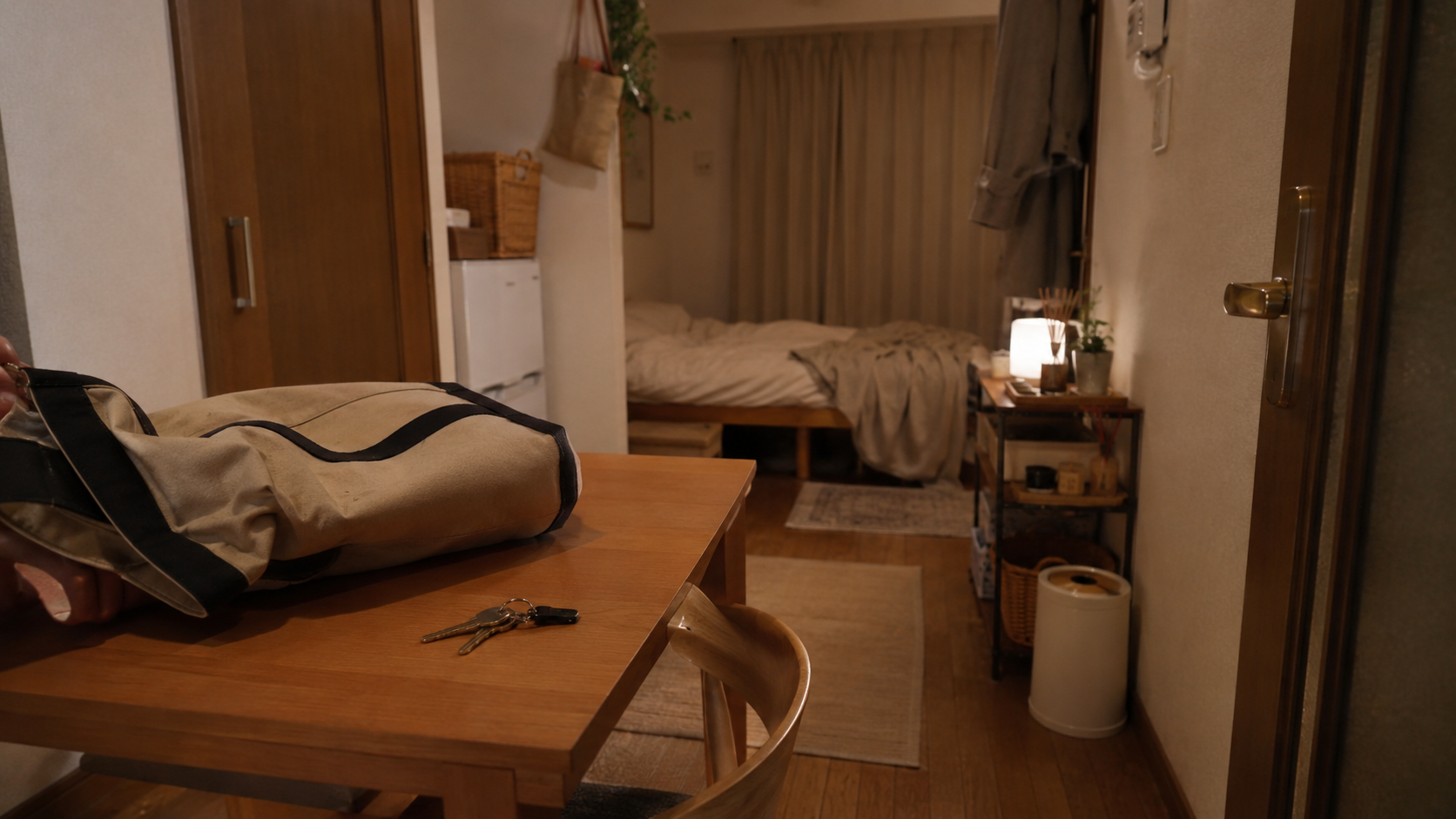 夜の一人暮らしの部屋。帰ってすぐの木のテーブルに、置いたばかりのカバンと鍵。まだ何も始めていない状態