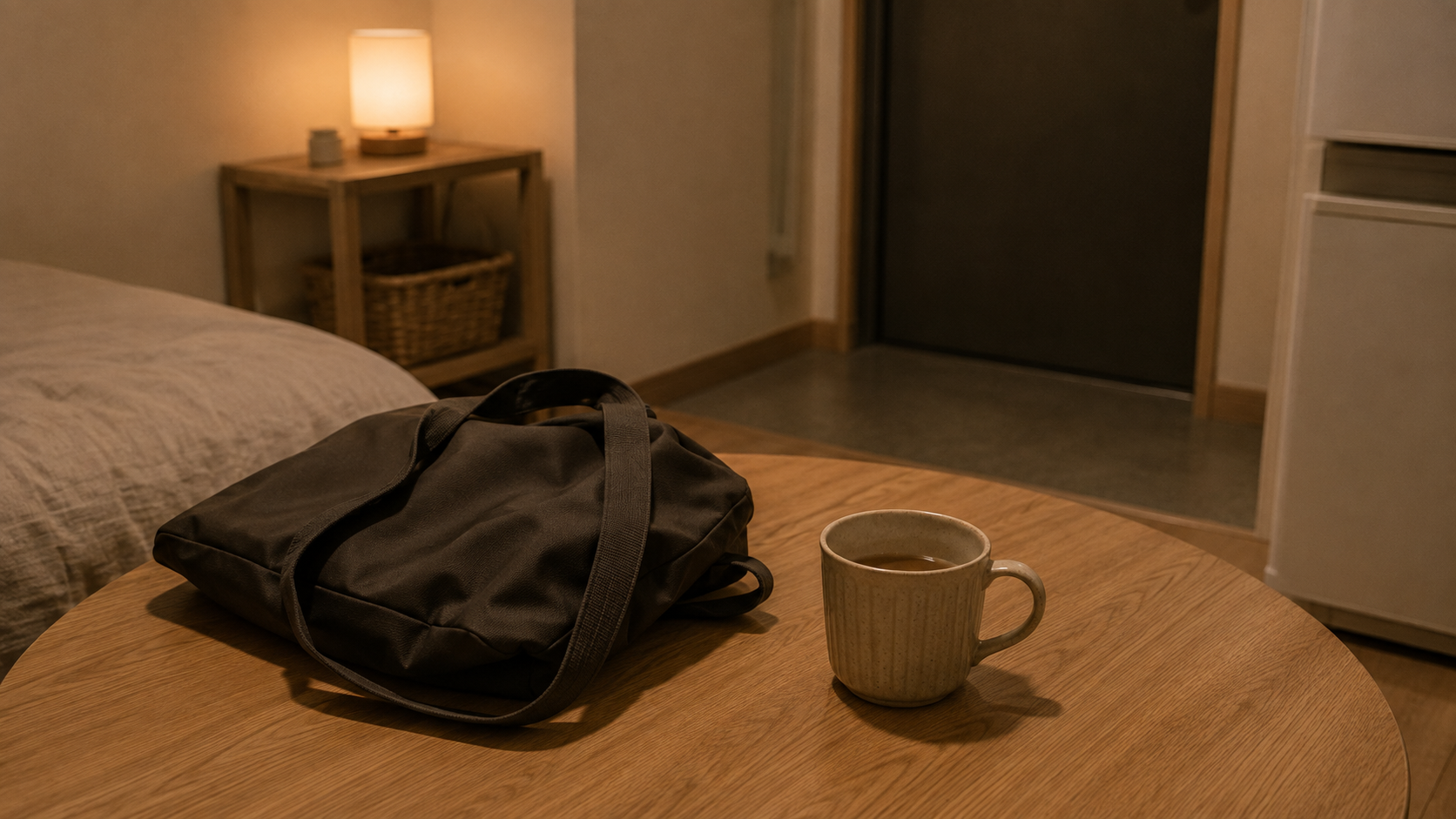 夜の一人暮らしの部屋。木のテーブルに、置いたばかりのカバンと飲みかけのマグカップがある