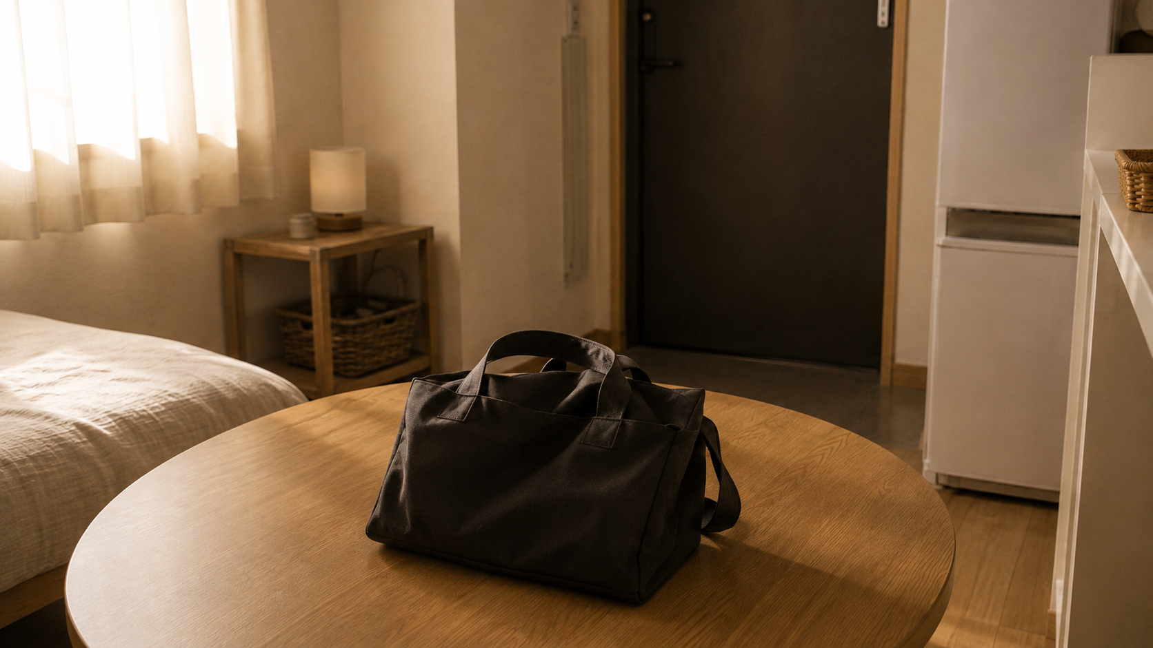 夜勤明けの朝の一人暮らしの部屋。カーテンの隙間から光が入り、木のテーブルに通勤用のカバンが置かれている