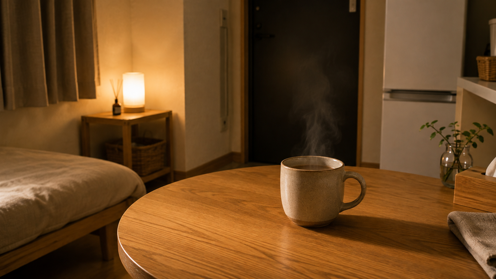 夜、間接照明だけの部屋で、湯気の立つマグカップが置かれたテーブル